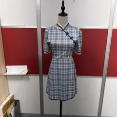 チャイナドレス チェック柄 ブルー 半袖 レース