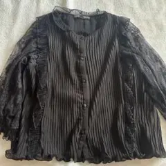 ZARA ブラック プリーツ 五分袖レースブラウス M