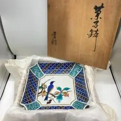▼九谷焼　青郊窯　菓子鉢　角皿　花鳥　19.5ｃｍ　箱付き