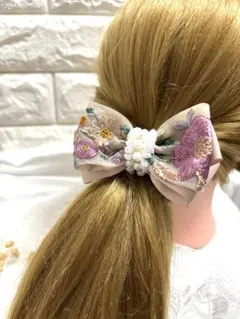 2788インド刺繍リボン☆ハンドメイド ヘアゴム 小シュシュ仕上げ