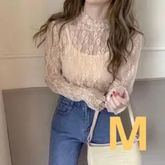 M レース ベージュ 透ける シースルー 花柄 トップス 透け感 シアー 長袖