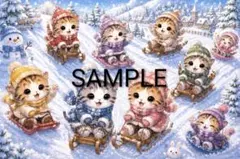 ねこ ソリ遊び A4 デザインペーパー