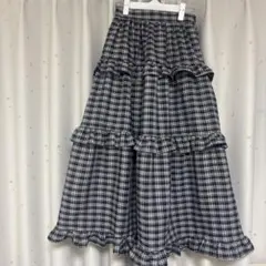 レトロガール フリル チェック ロングスカート