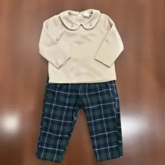 ベージュ襟付きトップスとチェックパンツセット 100cm