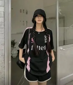 ユニフォームスポーツオーバーサイズ Tシャツ ブラック ピンク ロゴ入り