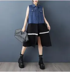 切り替えワンピース オシャレデザインI ノースリーブ ゆったり 着痩せ効果