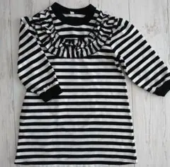 フリル付き黒白ストライプ長袖ワンピース120