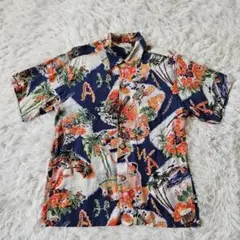 美品】Pataloha アロハシャツ 半袖 葉 リーフ モンステラ 青 黄 M