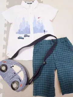 986*ファミリア　ヘリコプター　車　シャツ　定番チェックパンツ　車型ポシェット