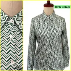 【1970s vintage】古着昭和レトロ緑白幾何学模様長袖ポリシャツ