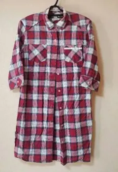 ワンピースシャツ　赤のチェック　7分袖 春、夏、秋