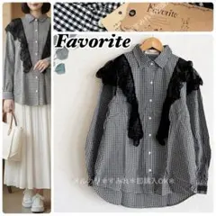 フェイバリット チェック レース シャツ 長袖 白 黒 ブラウス 襟付き 秋冬