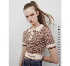 ZARA×SPALDING 総柄ニットポロトップス クロップド丈 半袖