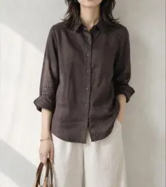 極美品♪ DKNY ダナキャランニューヨーク麻100% 長袖シャツ ブラウンのサムネイル