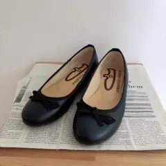 アンリーフ 本皮 リボンモチーフローヒールパンプス ブラック 24センチ