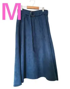 訳あり Mサイズ 膝下 スカート ベルト付き 青 ブルー