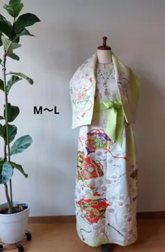 着物リメイク❀振袖ドレス❀金彩金駒扇花柄正絹❀ショール付きノースリーブ