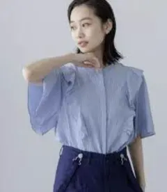 ニコアンド リフレッシュリネンフリルブラウス ☆ブルーストライプＬ☆