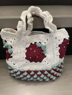 いちご編みとモチーフのグラニーバッグ♡レッド