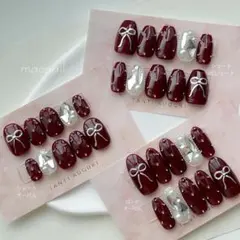 秋冬ネイル　ボルドーネイル　リボンネイル　大人かわいい