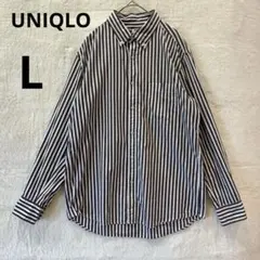 美品 UNIQLO メンズ L ブラウン コットンブロード ストライプシャツ