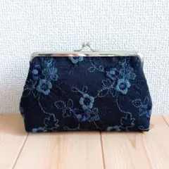 花柄刺繍　がま口メイクポーチ　14cm口金　ブラック　608　ハンドメイド