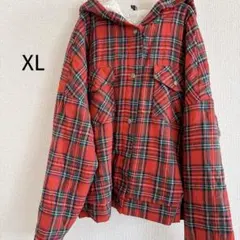 【XL】チェック柄 フード付き 裏ボアジャケット レッド系古着