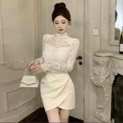 オフホワイト レース袖パーティドレス