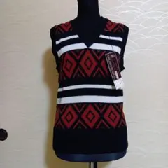 ダイヤモンド模様 Vネック ニットベストレトロ未着用日本製