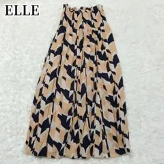 エル　ELLE　ロングフレアスカート　　ネイビー　ベージュ　総柄　幾何学模様