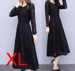 結婚式 パーティー フォーマル ドレス ワンピース 長袖 花柄 黒 XL