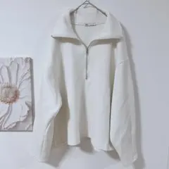 ザラ　ZARA ハーフジップ　トレーナー　トップス　無地　シンプル　ホワイト　L