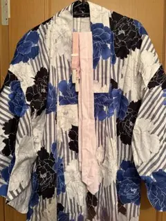 花柄 紺色 浴衣・帯・下駄セット