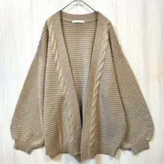 ケーブルニットカーディガン М モカ茶 体型カバー ゆるだぼ 羽織りボリューム袖