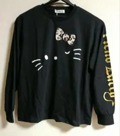 ハローキティ　リボン　プルオーバー　長袖Tシャツ　ヒョウ柄　ブラックゴールド　L