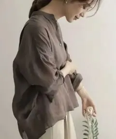 DOORS ラミースタンドカラーワイドシャツ　グレー　チャコールノーカラーリネン