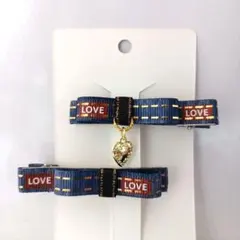 No.176 ヘアクリップ 2本セット ロゴリボン デニム チャーム付き