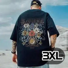 メンズTシャツ　3XL ブラック　半袖トップス　Tシャツ　春秋　フラワー