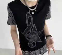 y2k ウィッシュコア 平成ギャル 音符と星プリント Tシャツ トップス