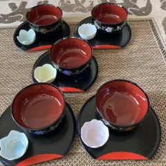 漆器 花柄 汁椀 5個セット 小皿5枚とお盆5枚付き