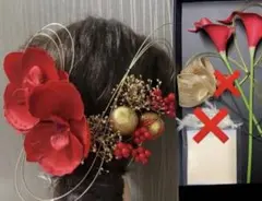 成人式髪飾り　カラー&胡蝶蘭　赤&金 前撮り　和装　水引　和玉　ドライフラワー