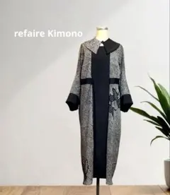 鹿の子絞り×黒留リメイク正絹　黒と白のモードワンピース♡付け襟付　ゆったりフリー