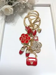 ハンドメイドバッグチャーム　ミニリボン　カメリア　キラキラお花　パンプス　赤