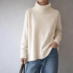 アーバニティー［L］大人ナチュラル◎簡単お手入れ◎リブ編みタートルネックニット
