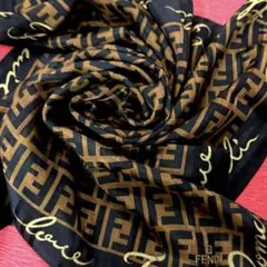 フェンディスカーフ膝掛けハンカチスカーフ　人気ズッカ総柄ブラウンシルク混　極美品