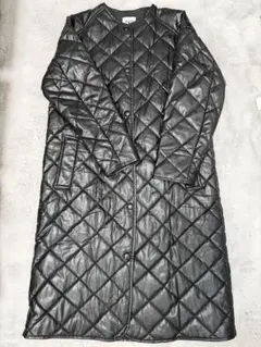 ブラックレザーキルティングロングジャケット