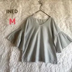 イネド ブラウス M ブルー ストライプ フリル袖 Vネック おしゃれ