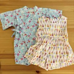 水色花柄甚兵衛とアイスクリーム柄オールインワンの2点セット