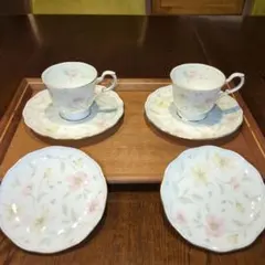 ナルミ　ボーンチャイナ　パステルガーデン　コーヒーカップ＆ソーサー2客と小皿2枚
