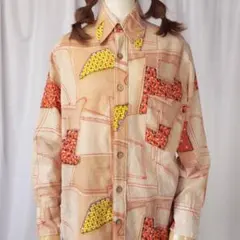 総柄シャツ パッチワーク風デザイン 長袖シャツ M相当 レトロ